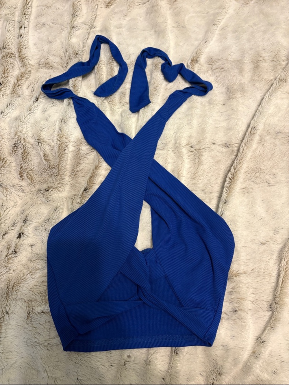 SHEIN Royal Blue Ribbed Wrap Halter Crop Top
